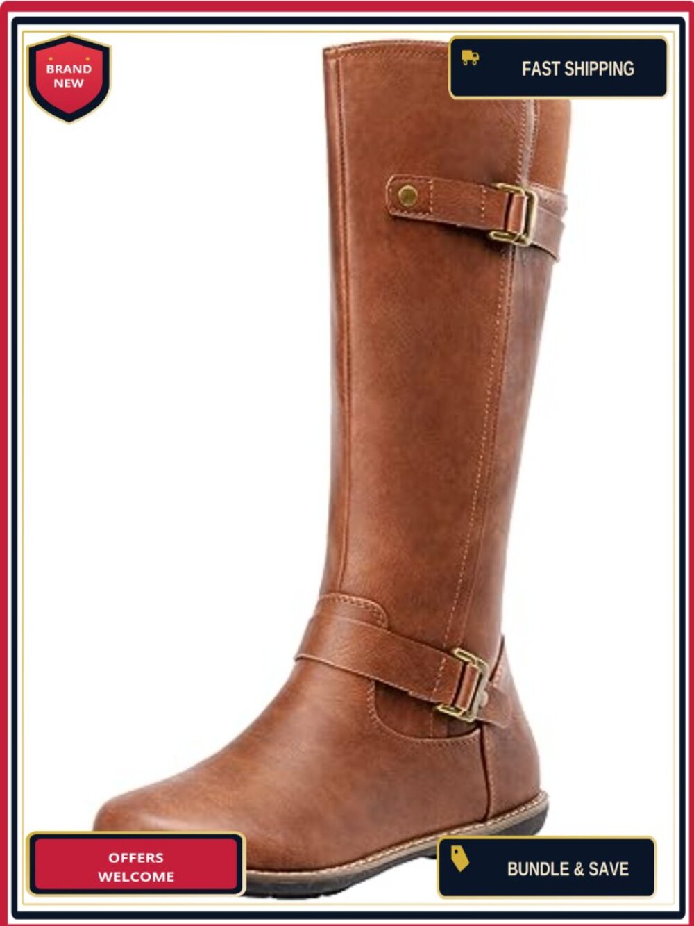 Faux Leather Knee High Riding Boots with Side Zipper, Buckle Detail, Cushioned